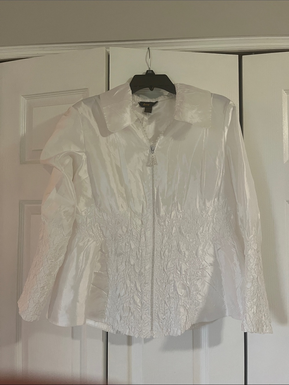 Jerry T White Rhinestone Zip-Front Shirt Jacket With Textured Waist